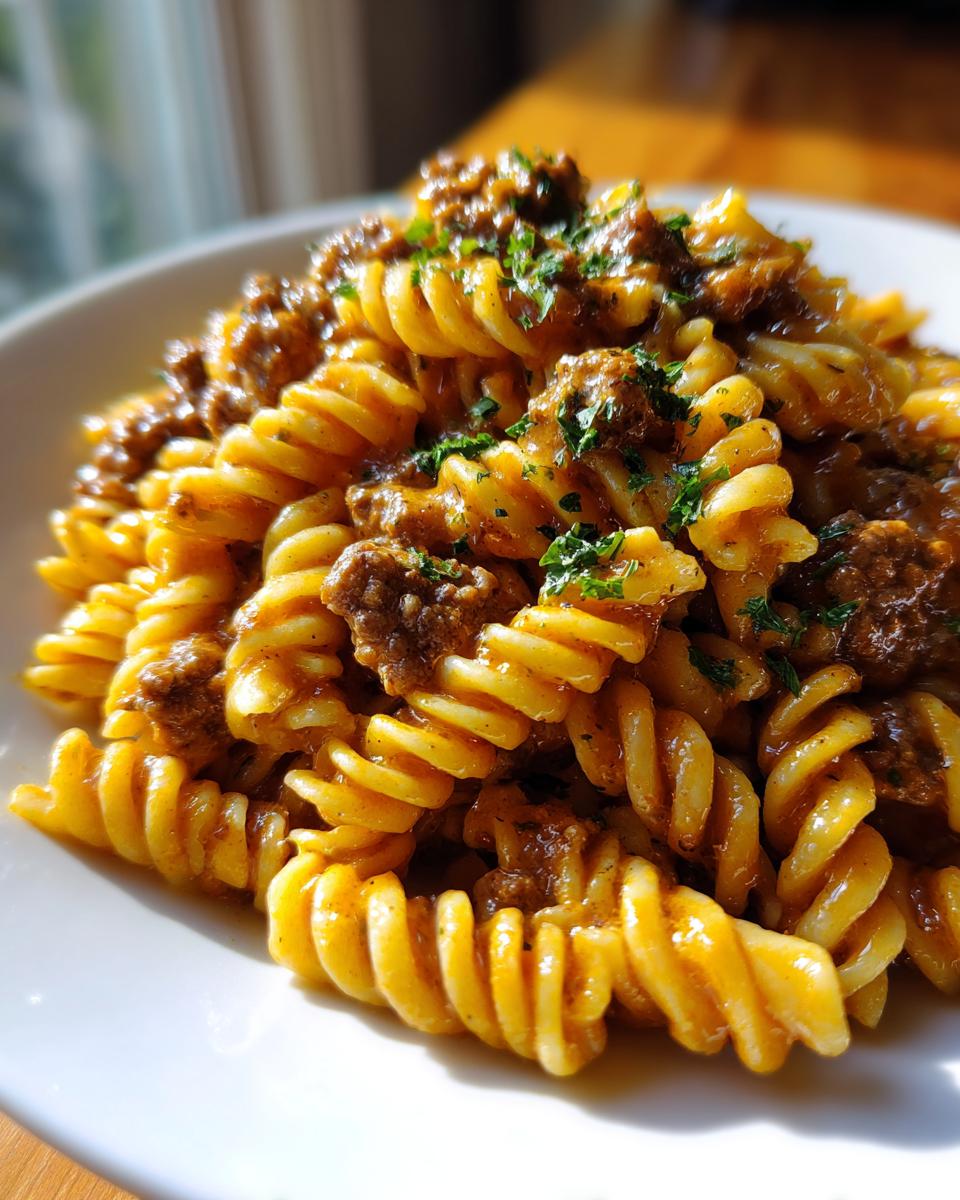 A close-up shot of a white bowl filled with one pot creamy beef and garlic pasta using fusilli noodles, garnished with parsley.