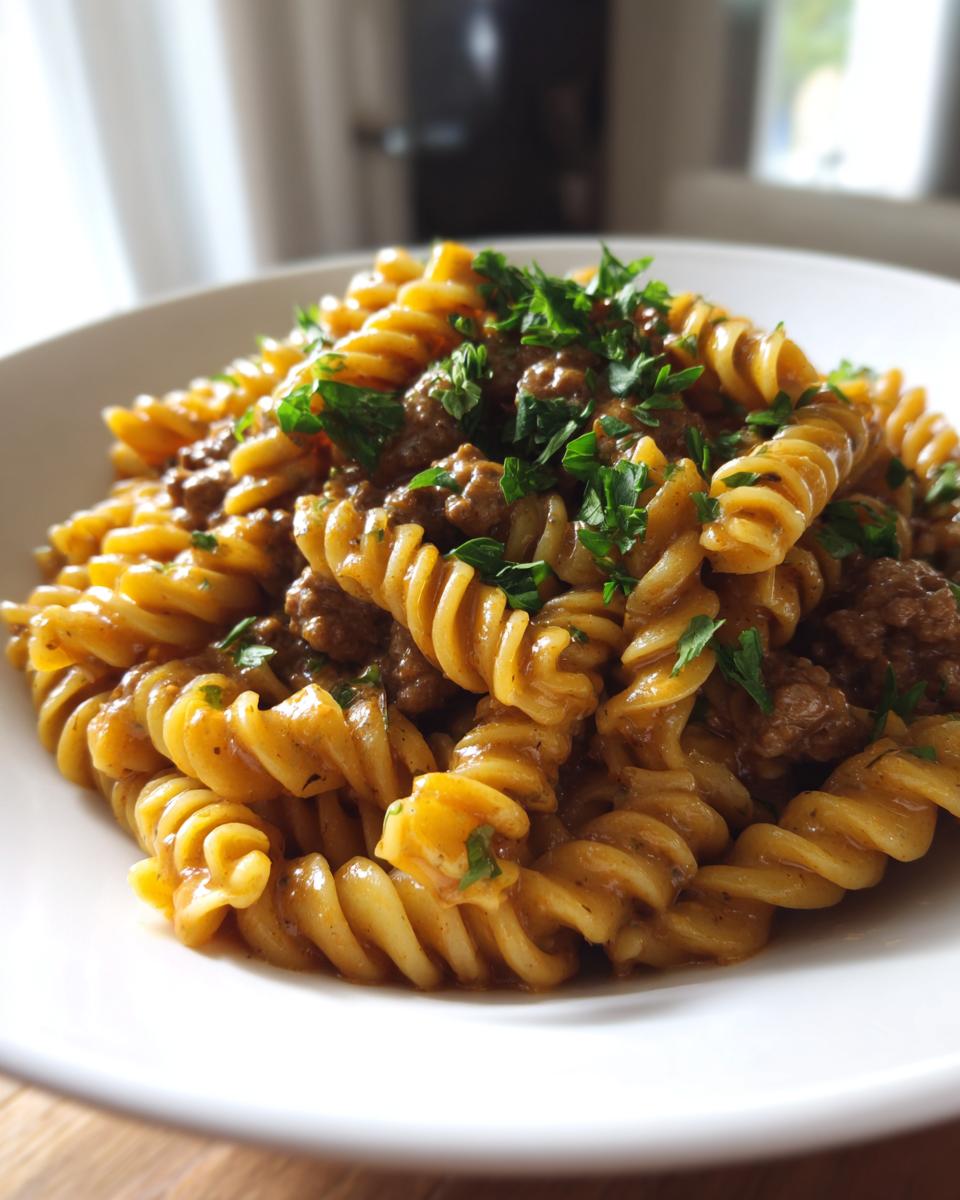 Close-up of one pot creamy beef and garlic pasta made with fusilli, topped with fresh parsley.