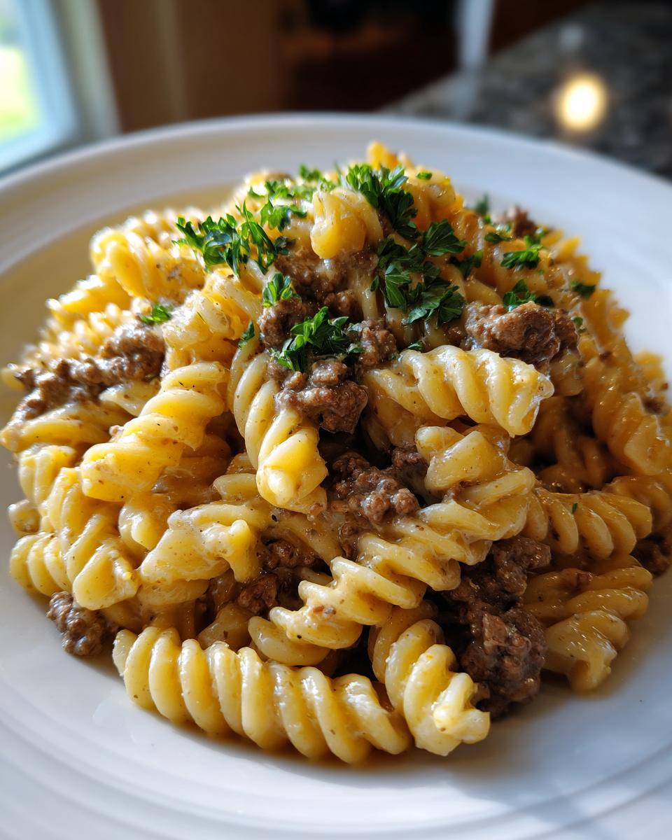 A close-up of a white plate filled with one pot creamy beef and garlic pasta, garnished with fresh parsley.