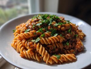 A close-up of a bowl of one pot creamy beef and garlic pasta, featuring fusilli noodles coated in a rich sauce and topped with fresh parsley.
