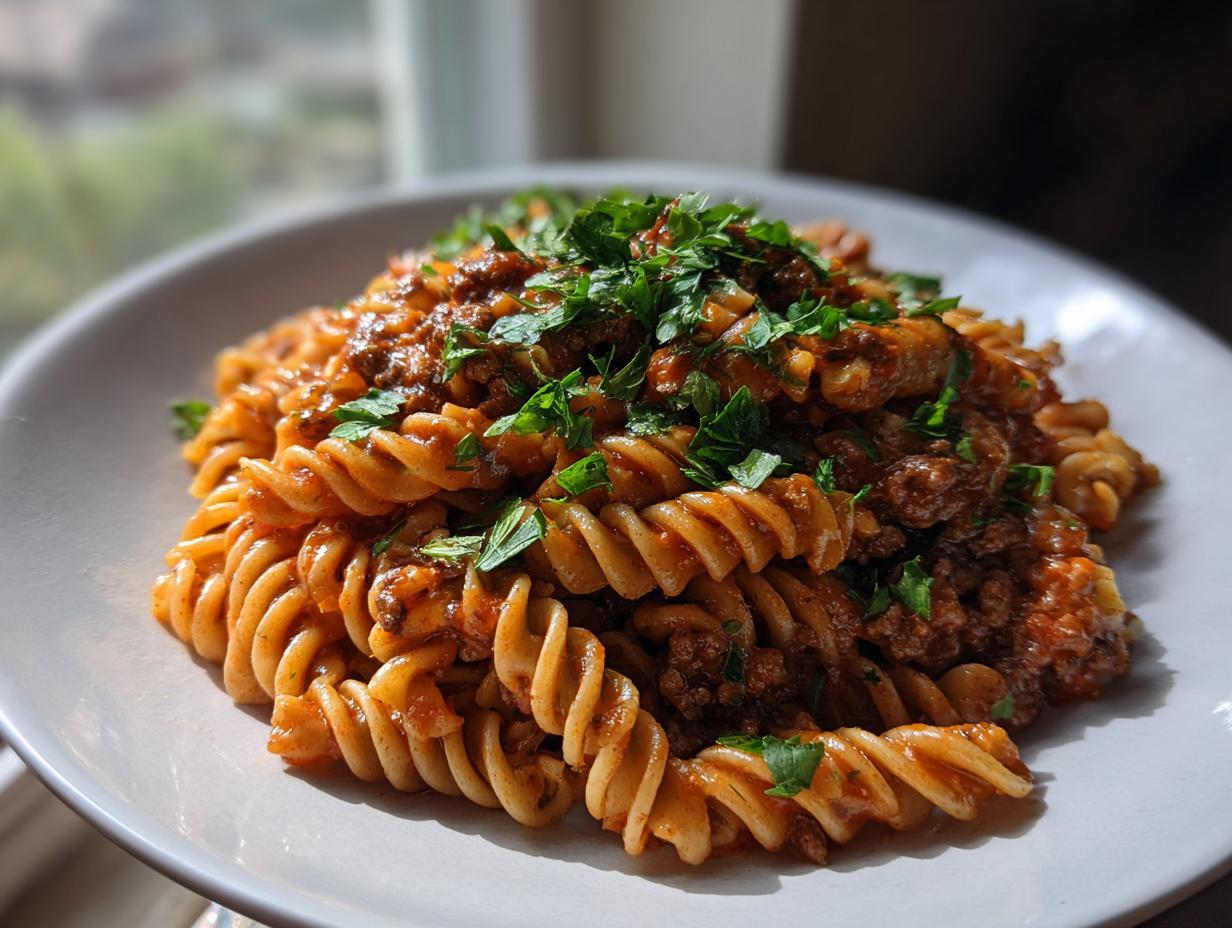 A close-up of a bowl of one pot creamy beef and garlic pasta, featuring fusilli noodles coated in a rich sauce and topped with fresh parsley.