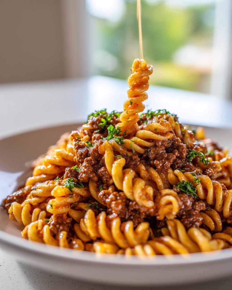 A fork twirls a spiral of pasta coated in sauce and ground beef from a plate of one pot creamy beef and garlic pasta.