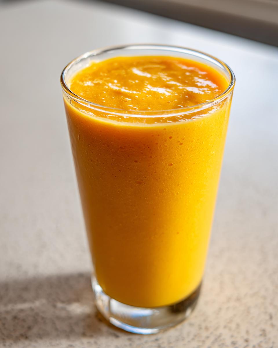 Close-up of a vibrant, thick Orange juice smoothie served in a clear glass.