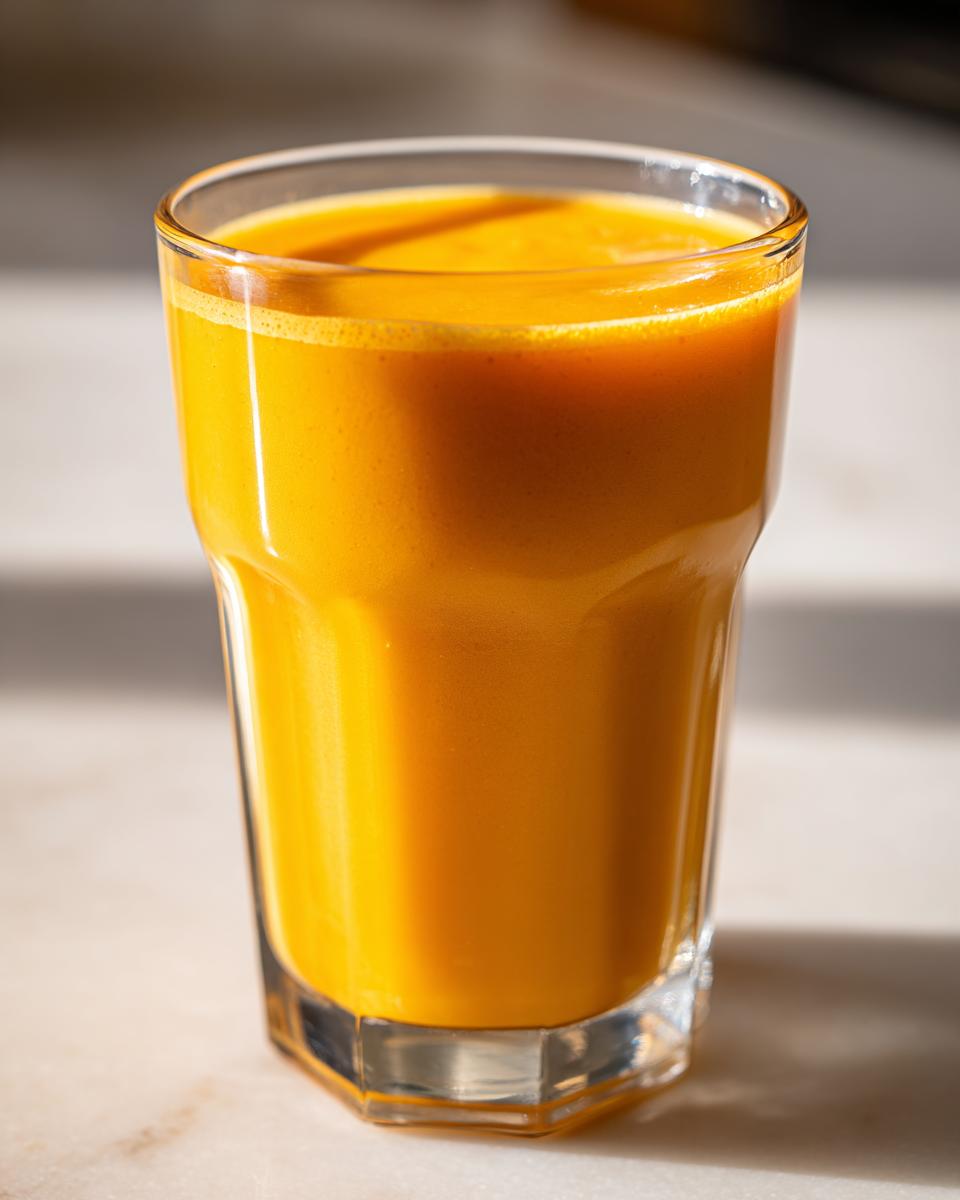 A vibrant, thick orange juice smoothie served in a clear glass, catching bright sunlight.