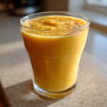 A close-up of a thick, vibrant orange juice smoothie served in a clear glass on a countertop.