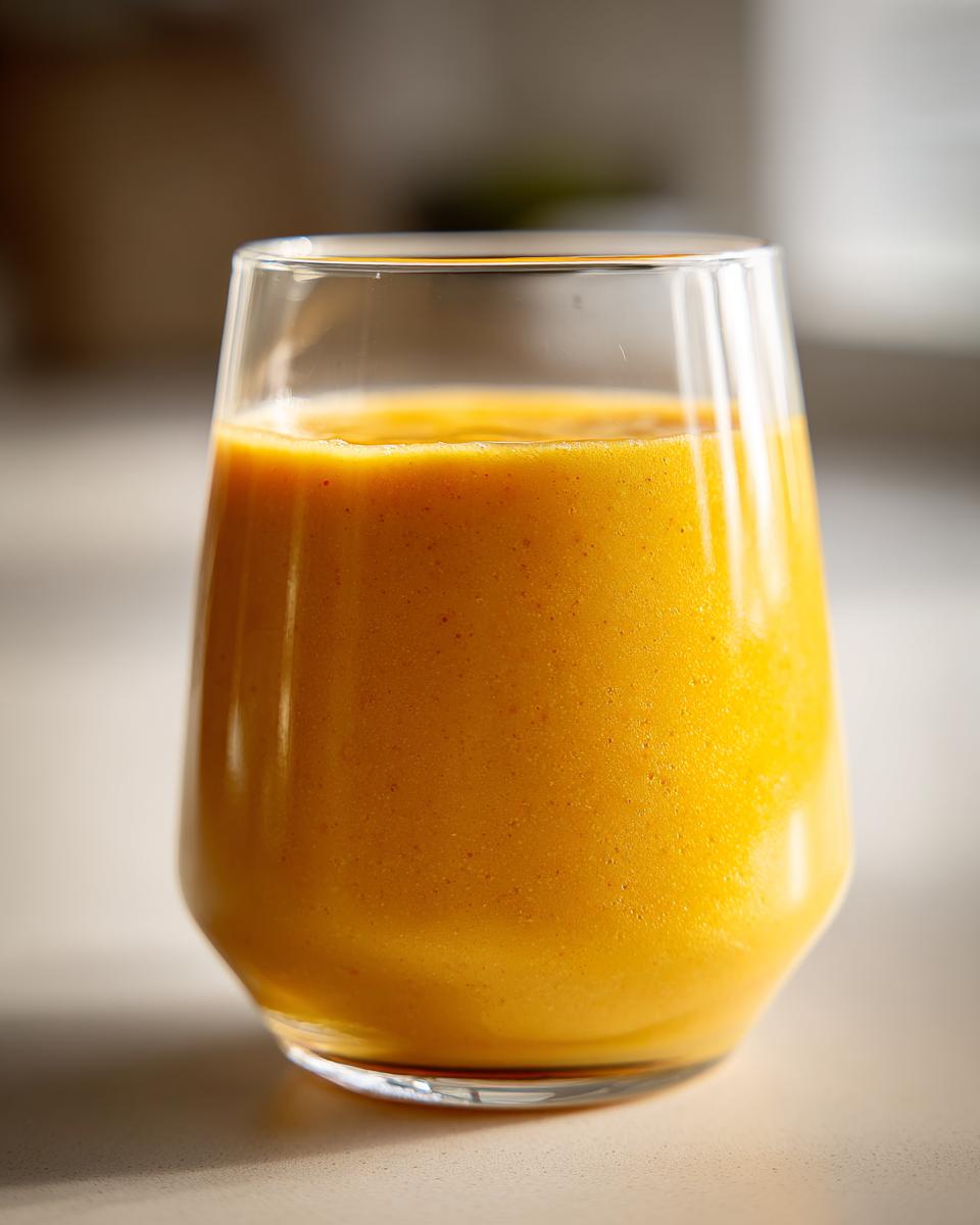 Close-up of a thick, vibrant orange juice smoothie filling a clear glass on a light countertop.