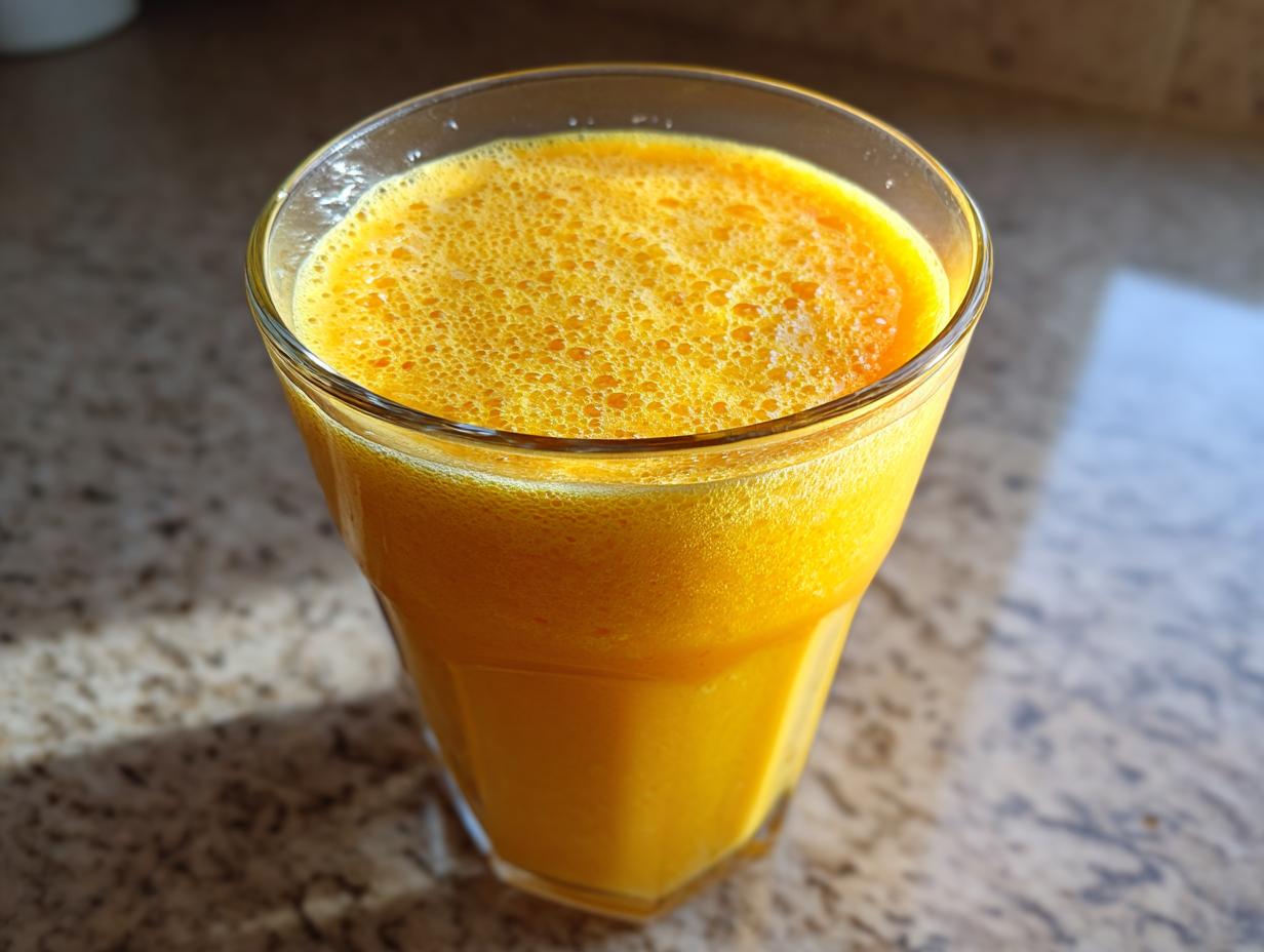 A close-up of a vibrant, frothy orange juice smoothie served in a clear glass on a speckled countertop.