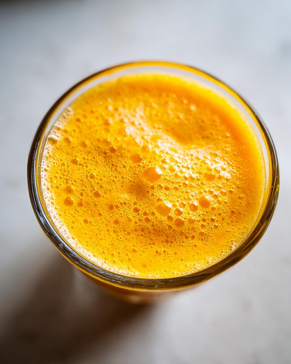 Overhead close-up view of a vibrant orange juice smoothie with a thick layer of foam in a clear glass.