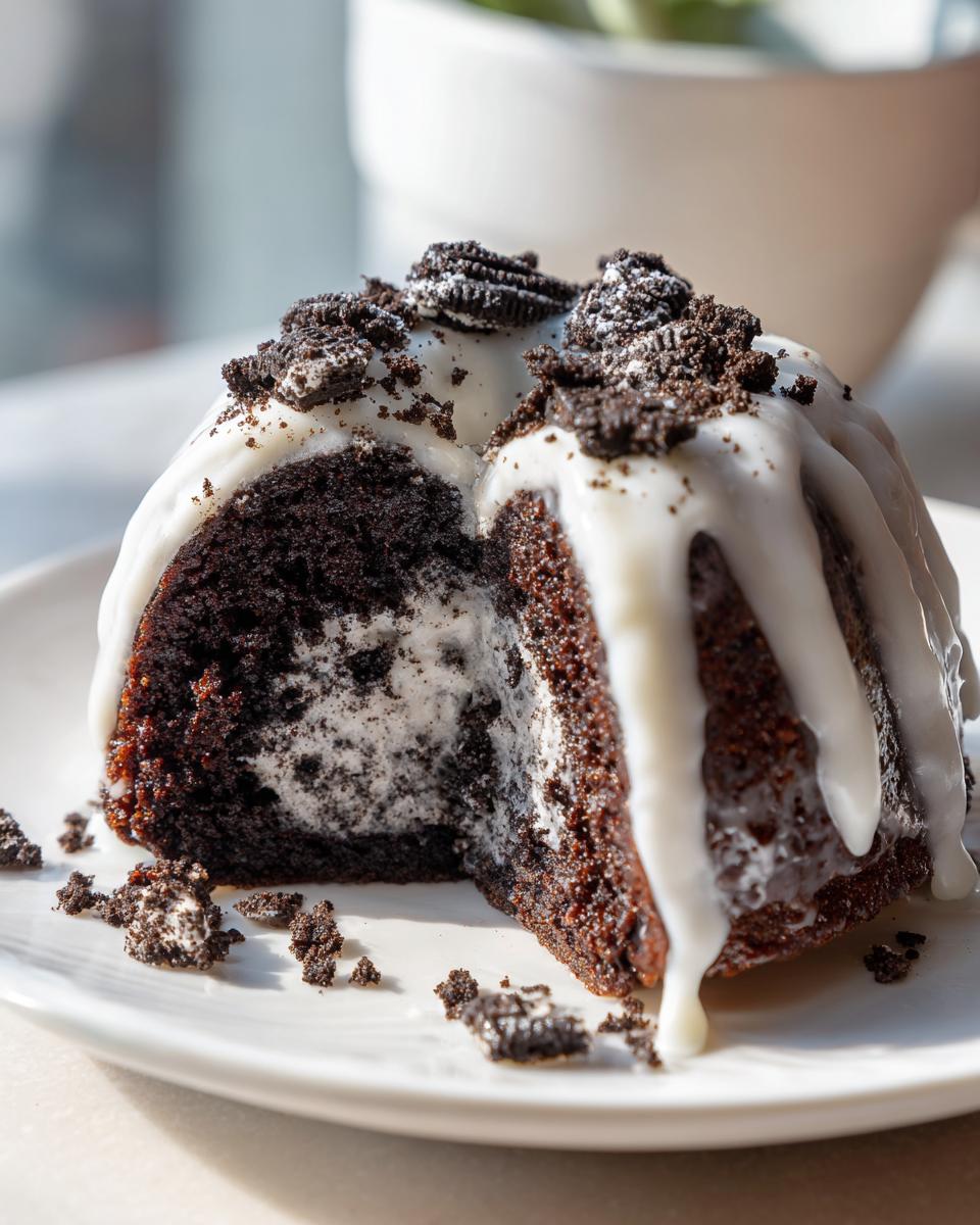 A slice of rich chocolate Oreo bundt cake cut in half, showing a creamy center and topped with white glaze and crushed cookies.