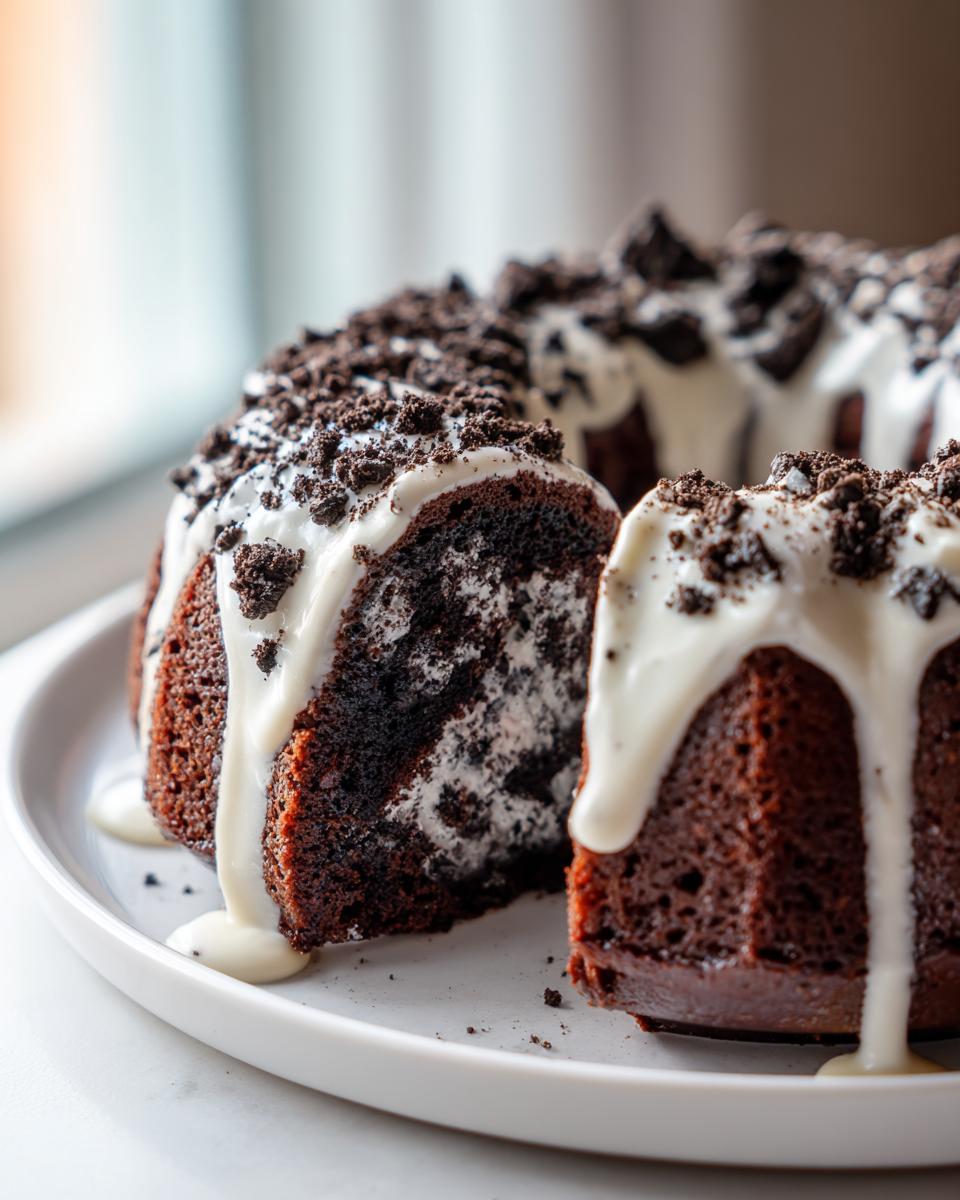 A close-up of a rich chocolate Oreo bundt cake with a thick white glaze dripping down and topped with crushed cookie pieces.