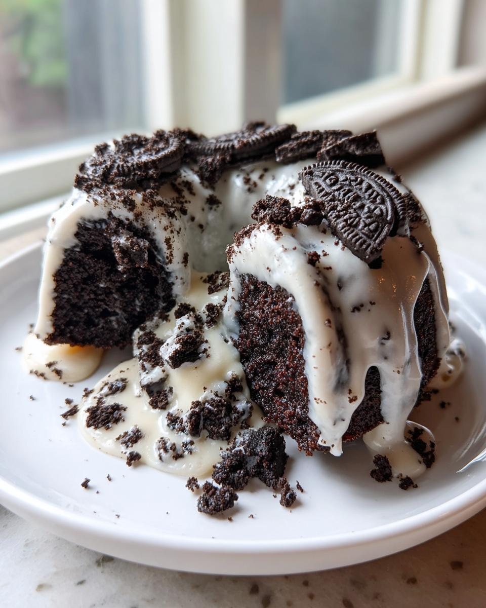 A rich slice of Oreo bundt cake covered in white glaze and crushed Oreo pieces.