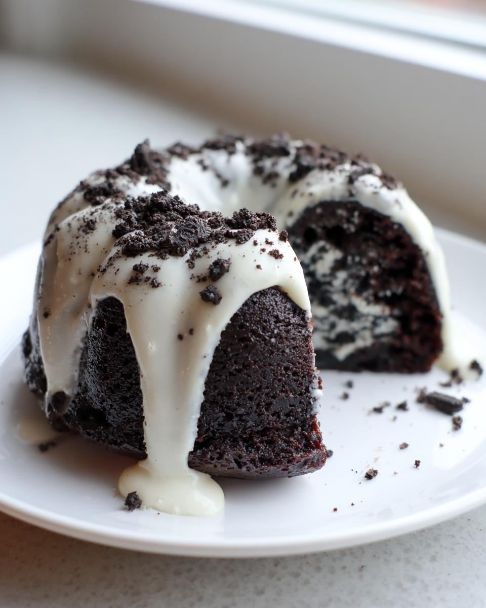 A slice removed from a dark chocolate Oreo bundt cake topped with thick white glaze and crushed cookie crumbs.