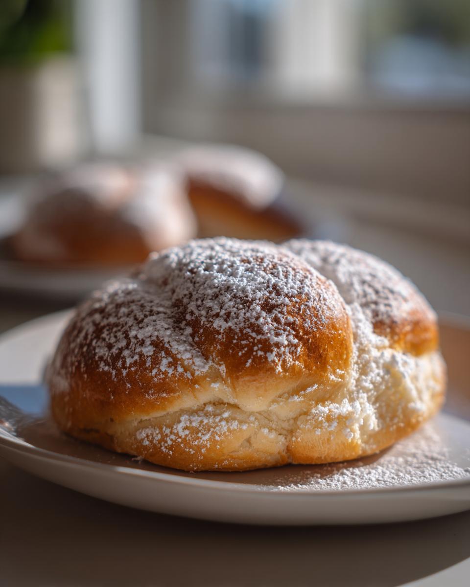 A close-up of a golden brown Pan de Mallorca sweet roll dusted generously with powdered sugar, sitting on a white plate.