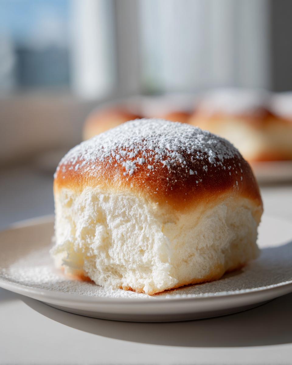 Close-up of a single, soft Pan de Mallorca sweet roll dusted generously with powdered sugar.