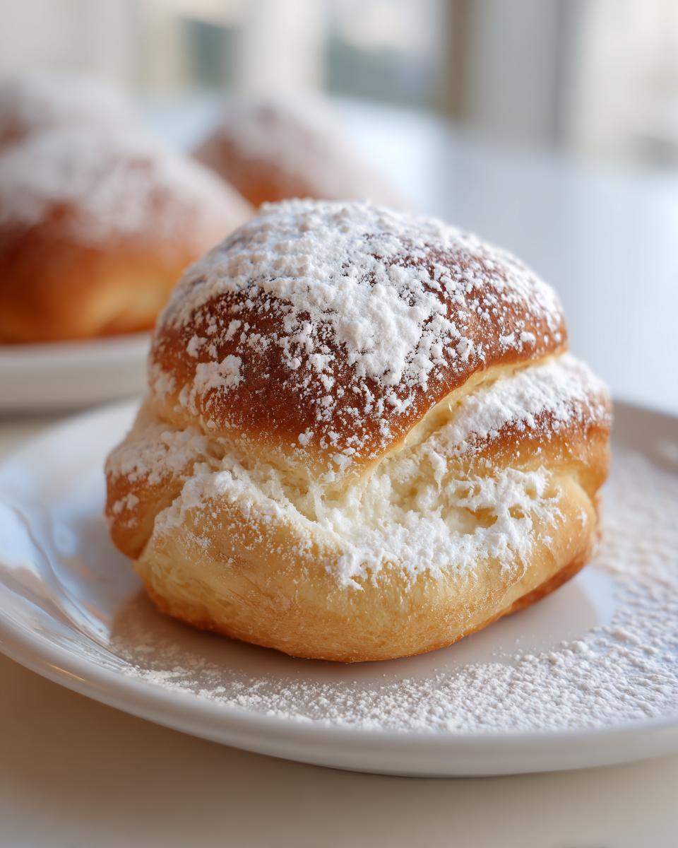 A close-up of a golden Pan de Mallorca sweet roll generously dusted with powdered sugar, resting on a white plate.