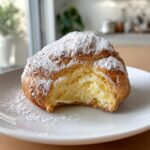 A close-up of a freshly baked pan de Mallorca roll dusted heavily with powdered sugar, showing a bite taken out to reveal the soft, yellow interior.