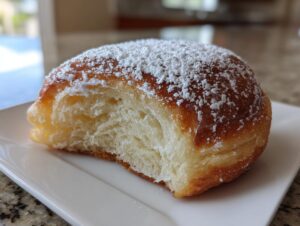 Close-up of a soft, golden-brown Pan de Mallorca roll dusted heavily with powdered sugar, showing the fluffy interior.