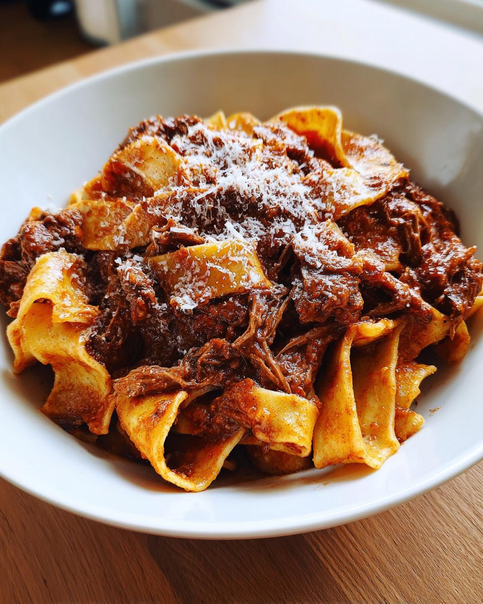 A white bowl filled with pappardelle pasta generously topped with rich beef ragu and grated Parmesan cheese.