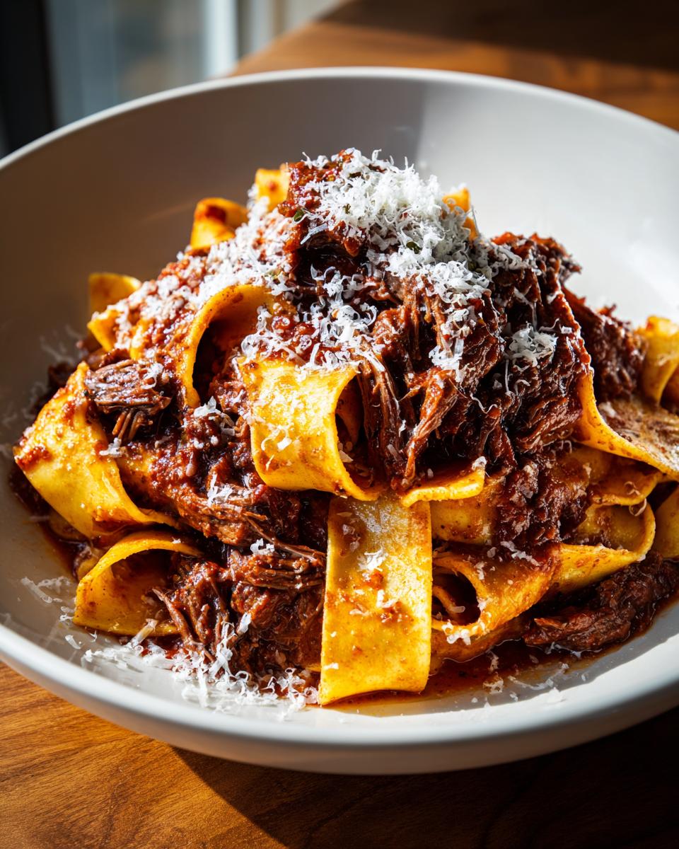 A close-up of wide pappardelle pasta topped generously with dark, rich beef ragu and grated Parmesan cheese.