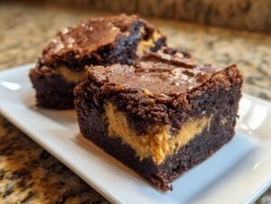 Two rich, fudgy peanut butter stuffed brownies displayed on a white rectangular plate.