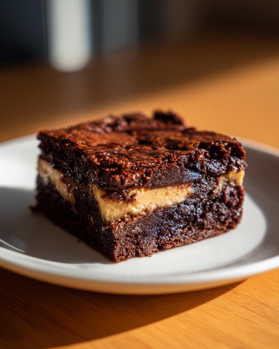 A close-up of a rich, fudgy square of peanut butter stuffed brownies resting on a white plate.