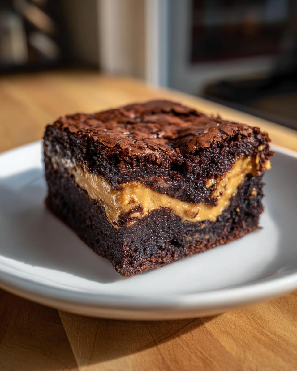 A close-up of a rich, fudgy peanut butter stuffed brownies square sitting on a white plate.