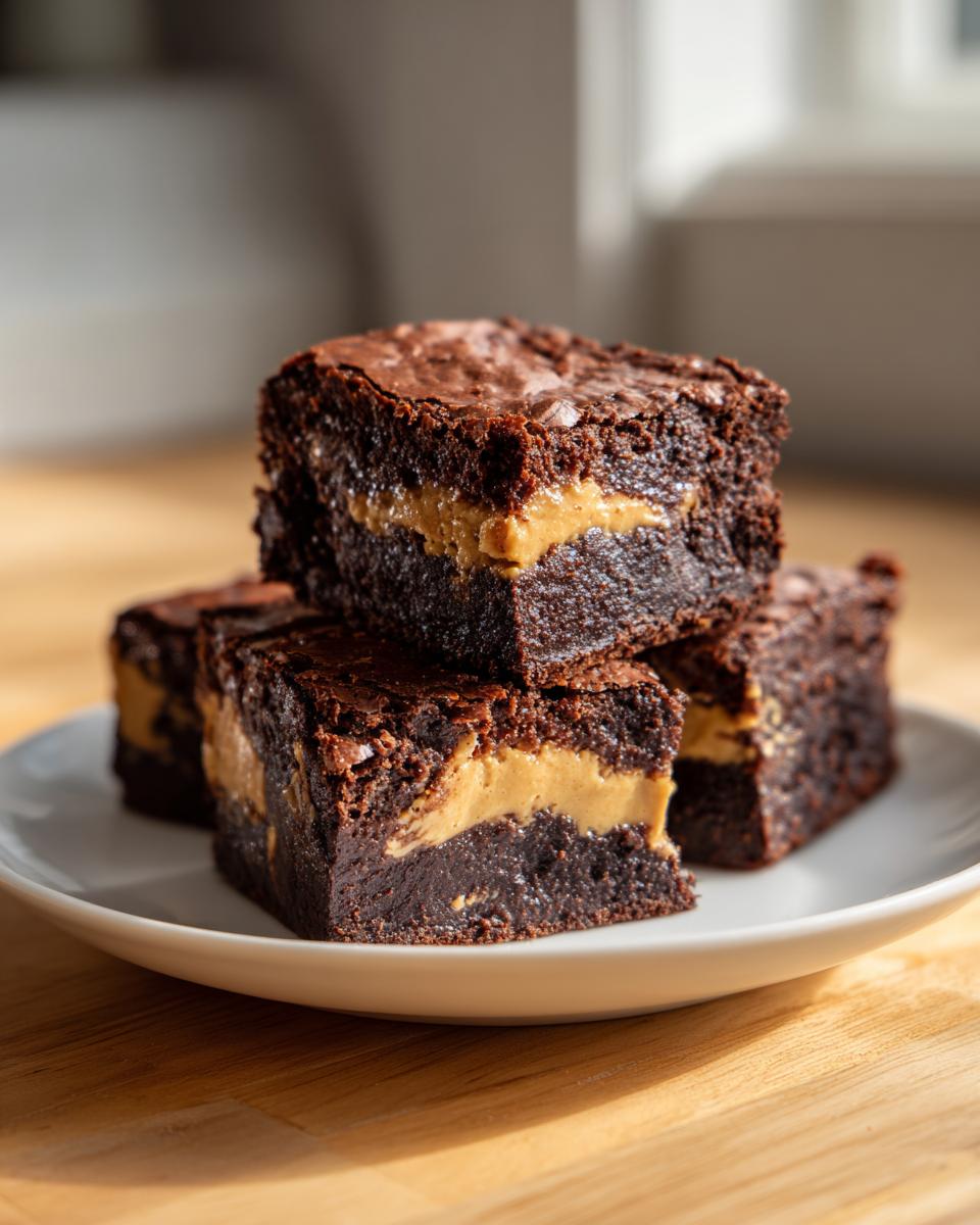 A stack of rich, fudgy peanut butter stuffed brownies with a visible creamy peanut butter layer.