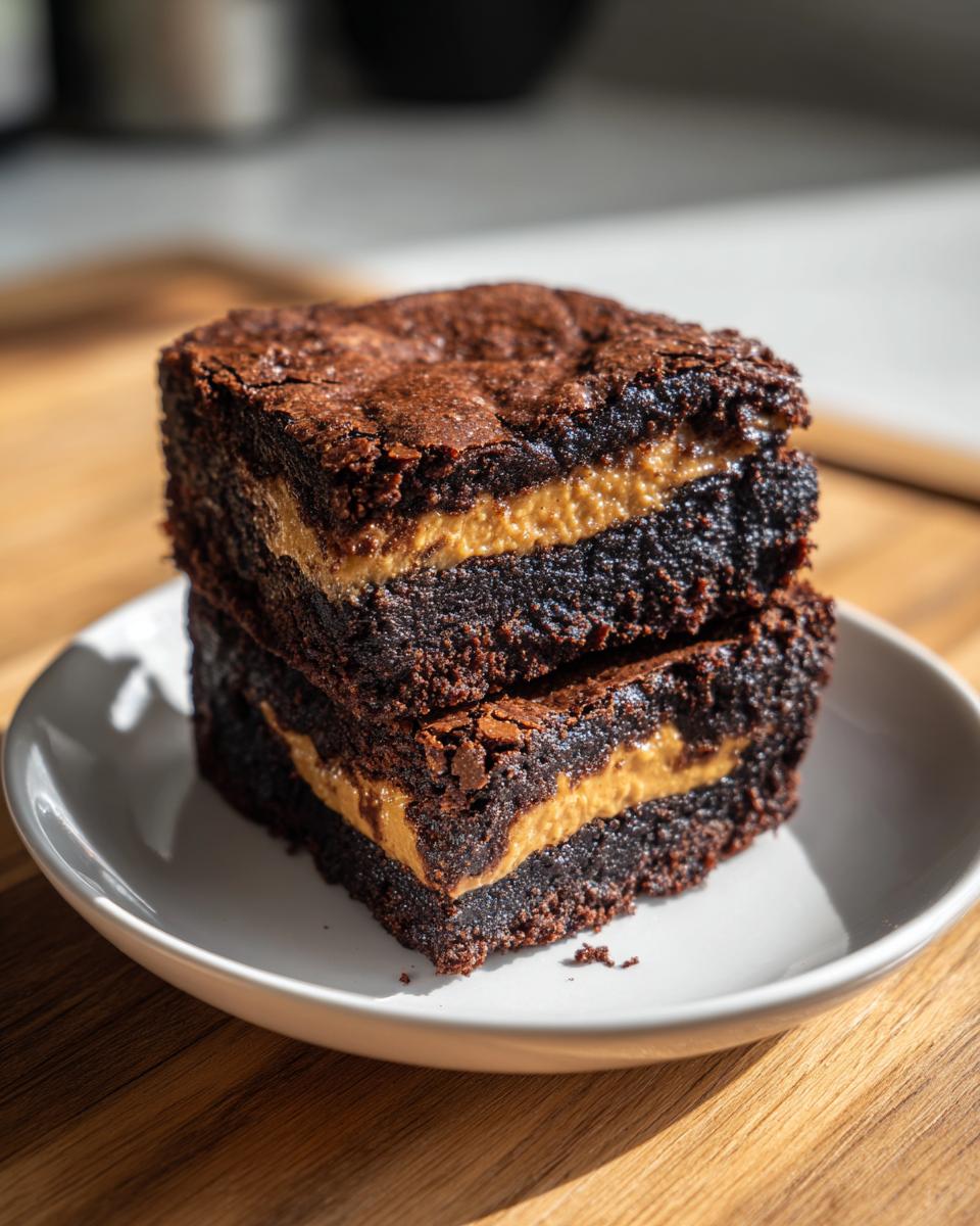Two stacked, rich chocolate peanut butter stuffed brownies sitting on a small white plate.