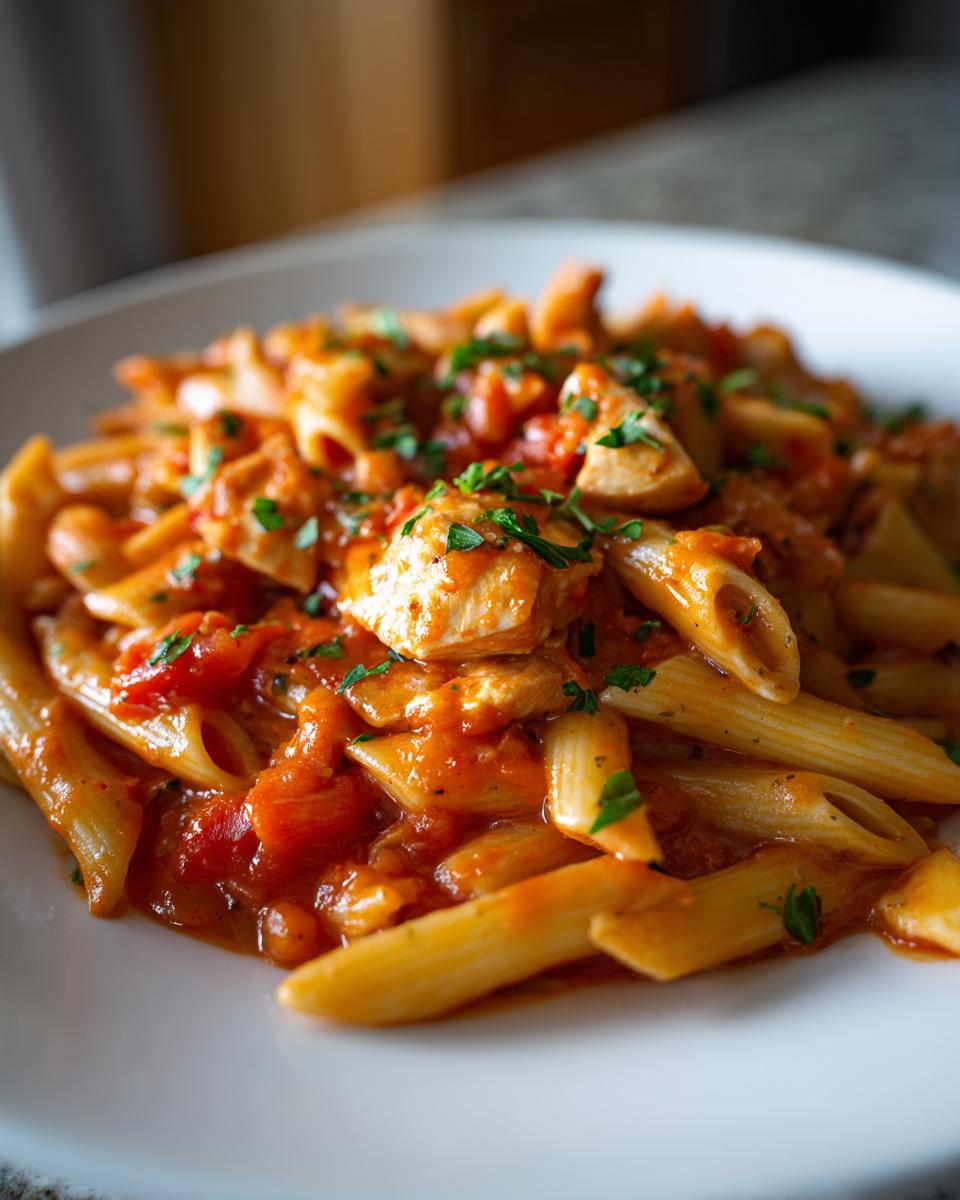 A close-up serving of penne pasta mixed with chunks of chicken and rich tomato sauce, garnished with parsley, highlighting the chicken tomato pasta.