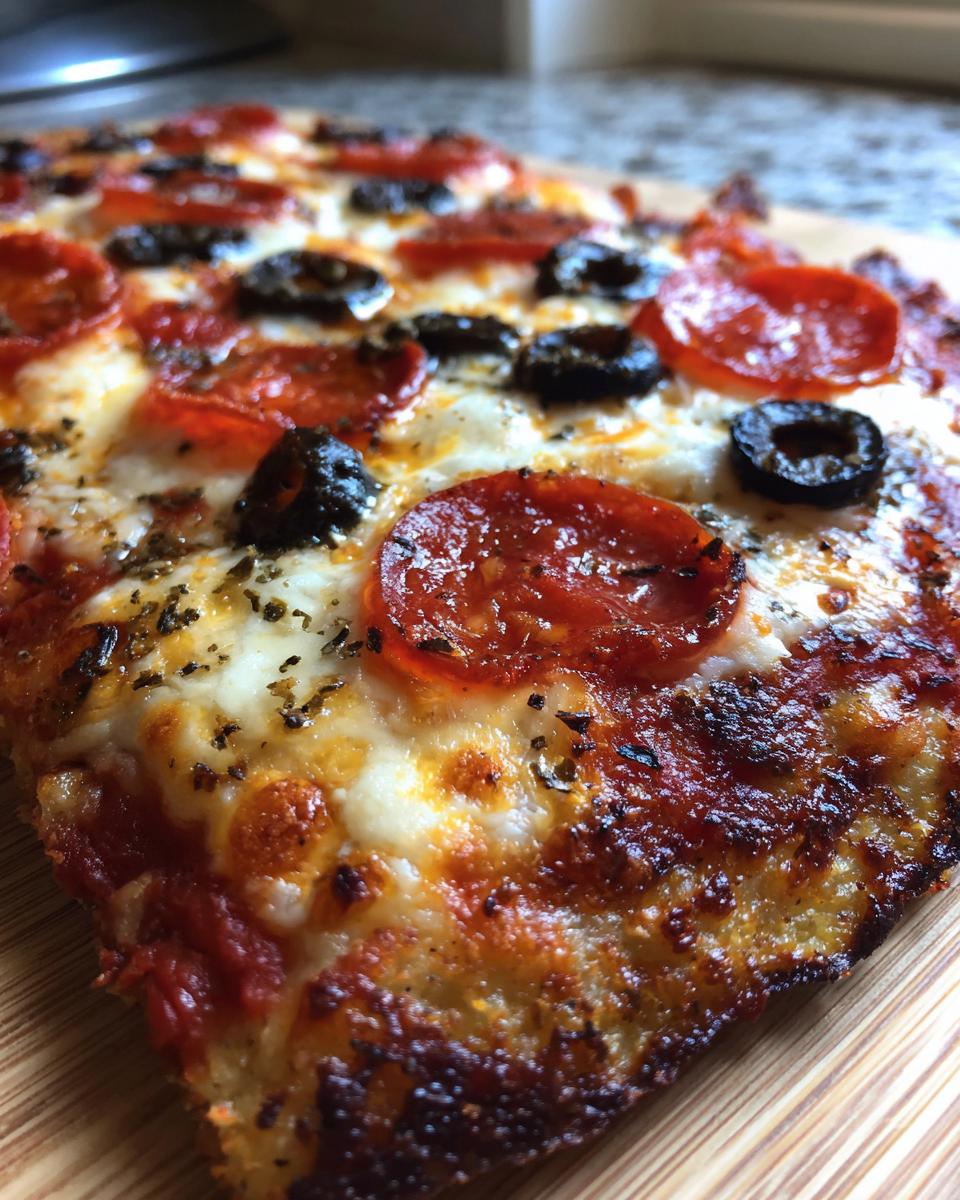 Close-up of a freshly baked slice of tortilla pizzas topped with melted cheese, pepperoni, and black olives.