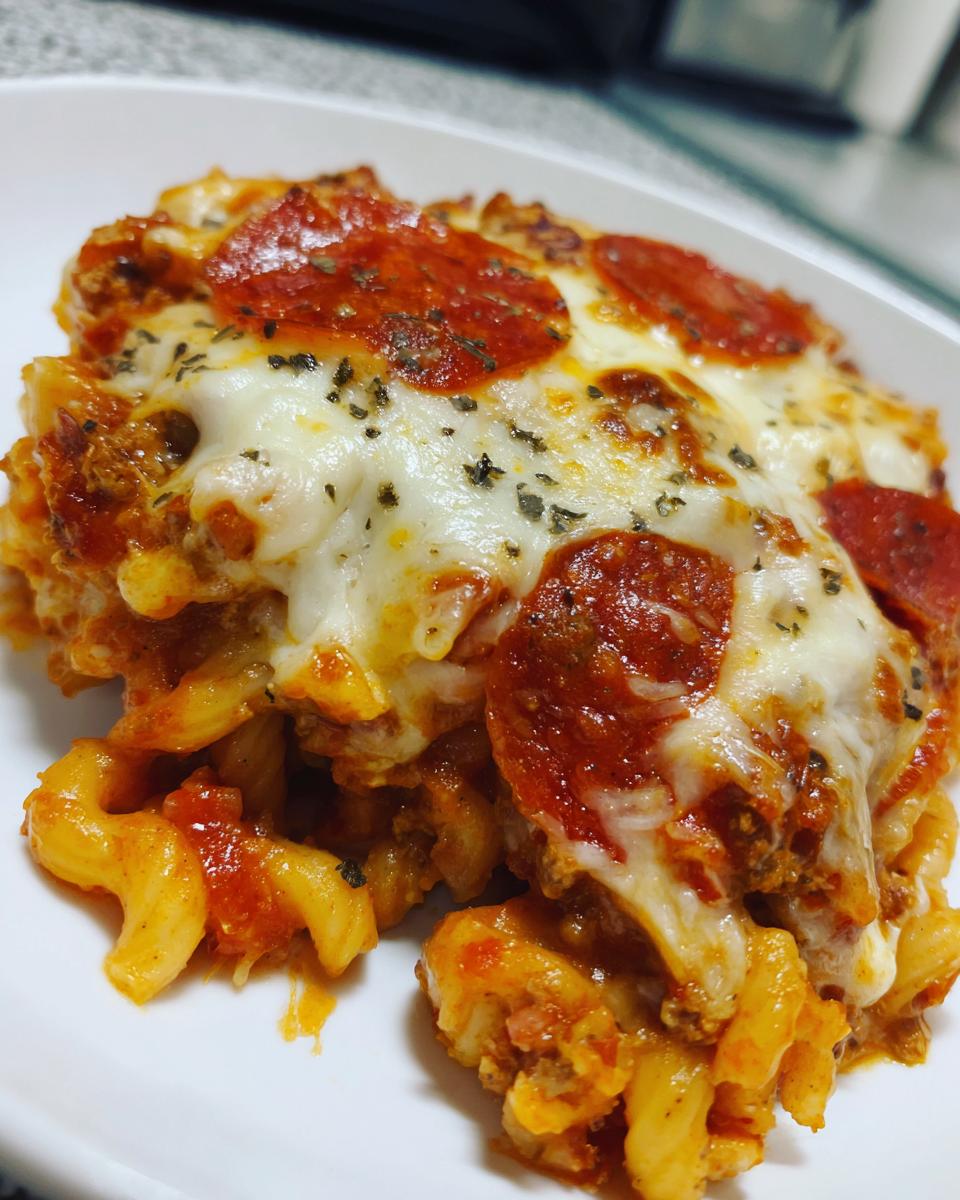 Close-up of a serving of pizza pasta bake topped with melted mozzarella cheese and pepperoni slices.