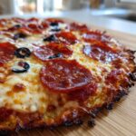 Close-up, appetizing shot of a freshly baked pepperoni and black olive tortilla pizzas with crispy edges.