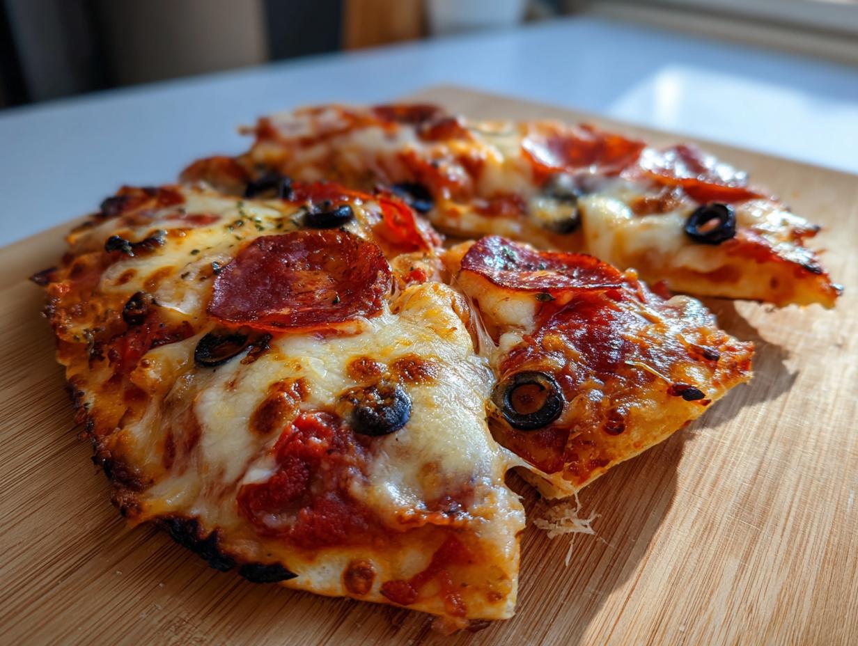 Two slices of melted cheese and pepperoni tortilla pizzas topped with black olives, resting on a wooden board.