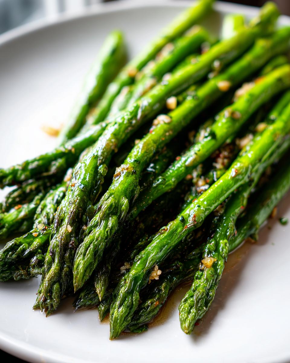 Close-up of bright green roasted asparagus spears seasoned with garlic and oil on a white plate.