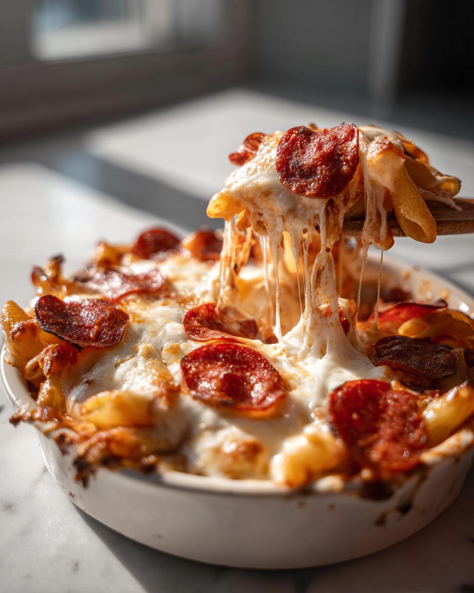 A wooden spoon lifts a serving of pizza pasta bake, showing extreme cheese pull over pepperoni and baked pasta.