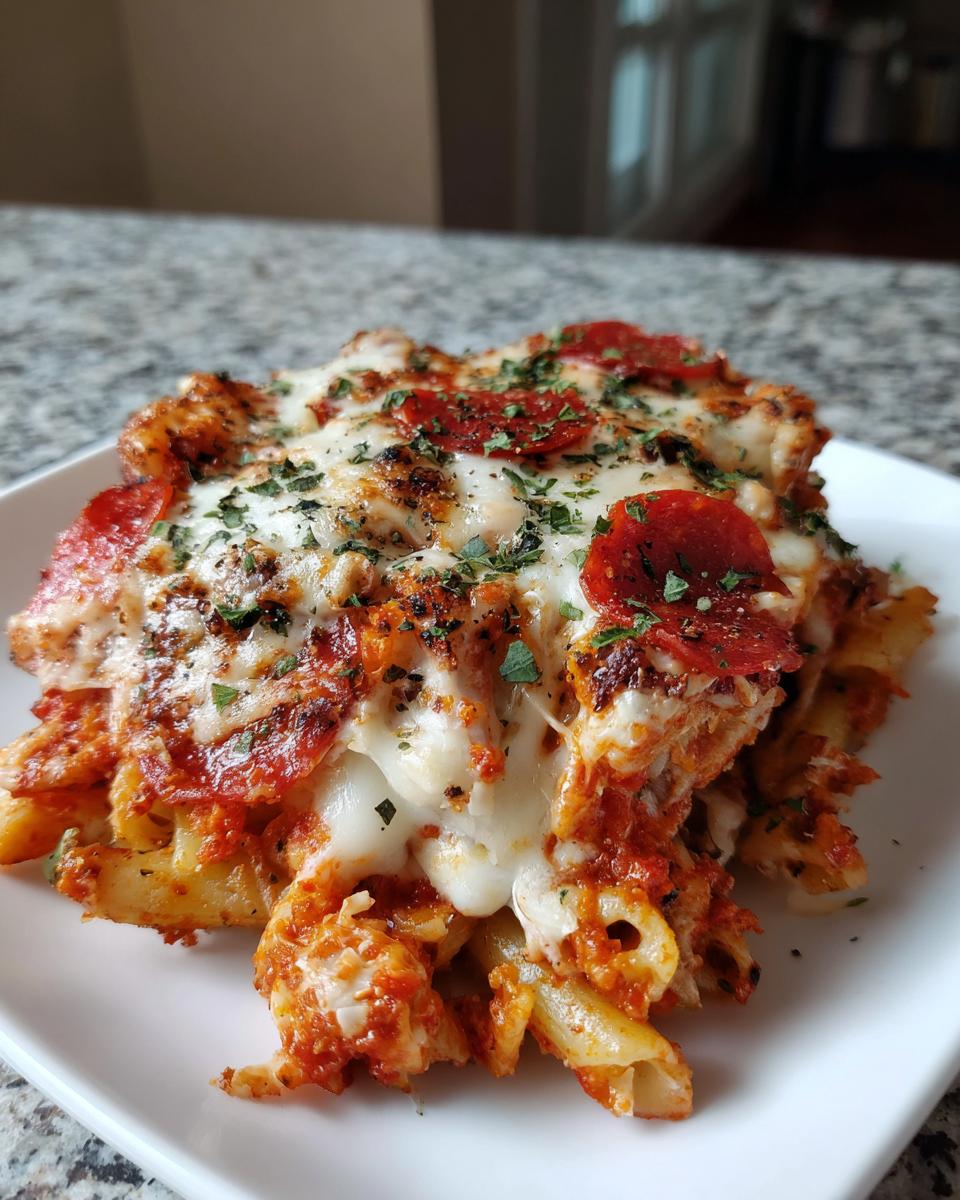Close-up of a serving of pizza pasta bake topped with melted mozzarella, pepperoni, and herbs.