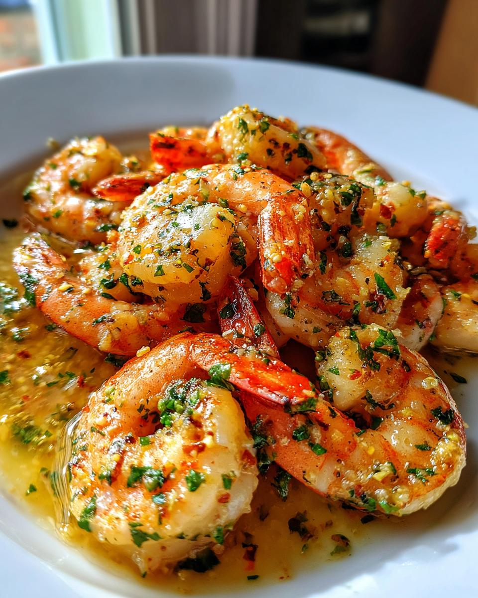 Close-up of plump shrimp coated in rich garlic butter shrimp scampi sauce with visible parsley flakes.