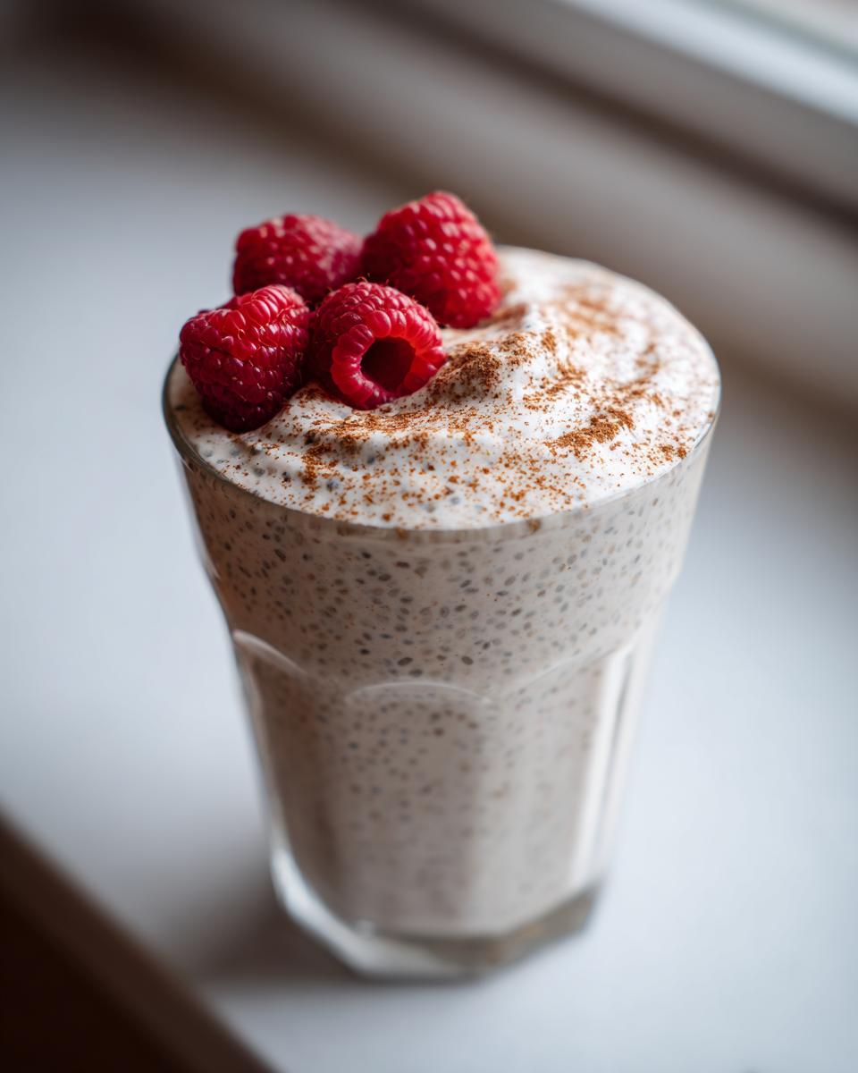 A glass of creamy chia seed pudding topped with fresh raspberries and cinnamon.