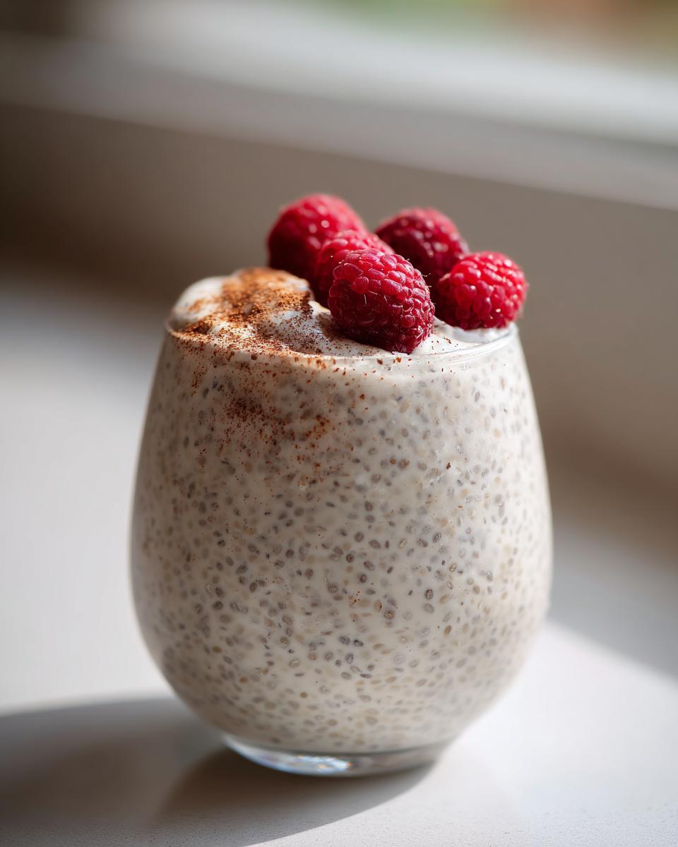 A glass of creamy chia seed pudding topped with yogurt, cinnamon, and fresh raspberries.
