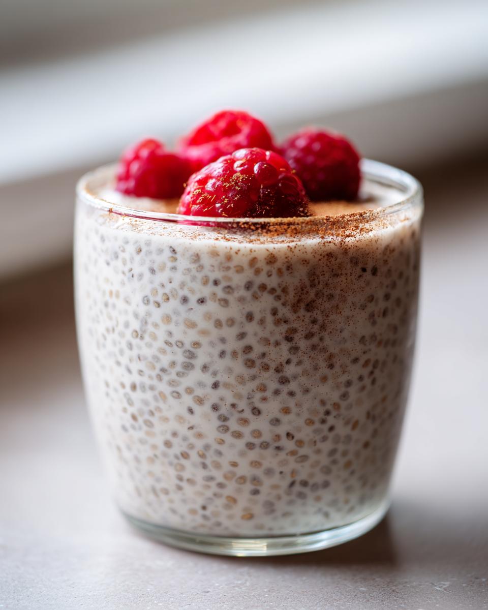 Close-up of creamy chia seed pudding topped with fresh raspberries and a dusting of cinnamon.