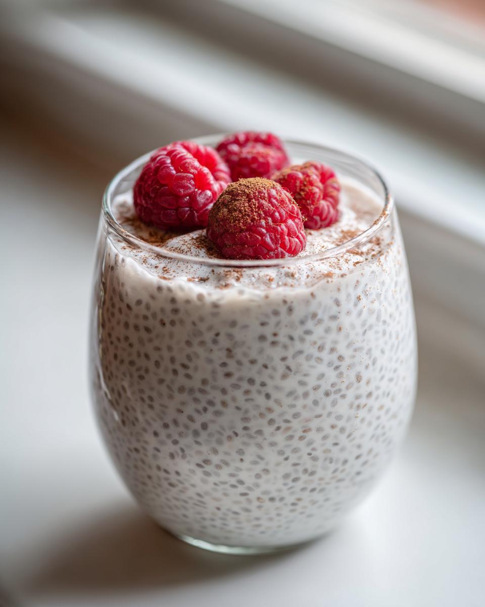 A glass of creamy chia seed pudding topped with fresh raspberries and cinnamon.
