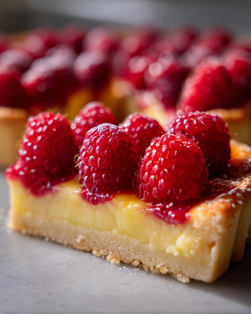 Close-up of a slice of raspberry mango tart showing a buttery crust, creamy filling, and fresh raspberries on top.