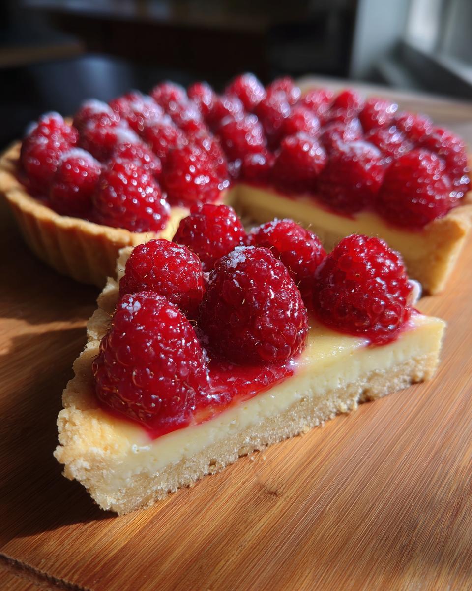 A close-up of a slice of raspberry tart showing the crust, creamy filling, and fresh raspberries on top of the raspberry mango tart.