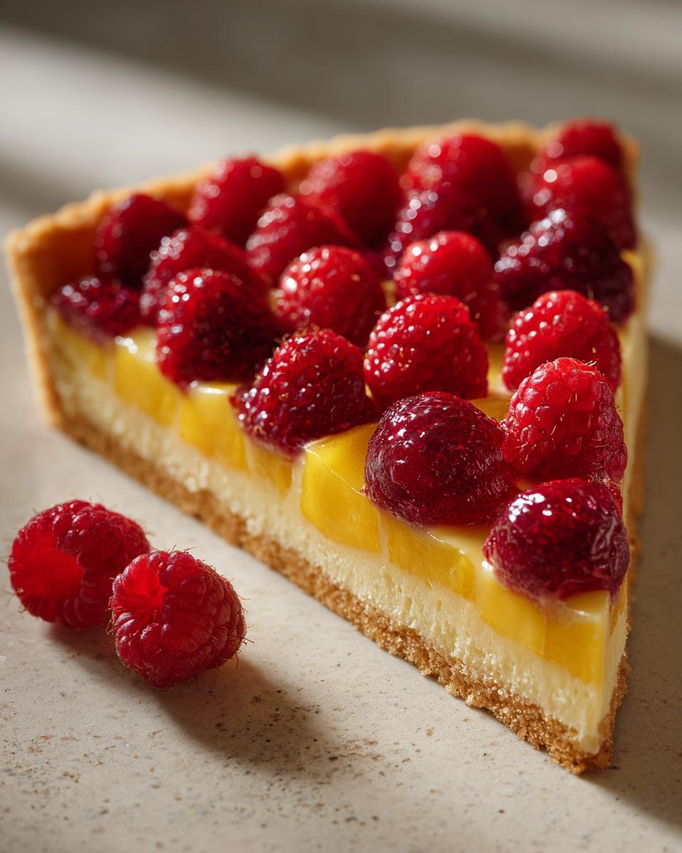 Close-up of a slice of raspberry mango tart showing the crust, creamy filling, mango layer, and fresh raspberries on top.