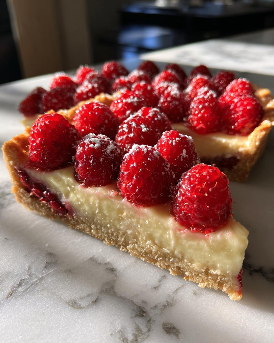 A close-up slice of a raspberry mango tart showing a buttery crust, creamy filling, and topped with fresh raspberries dusted with powdered sugar.
