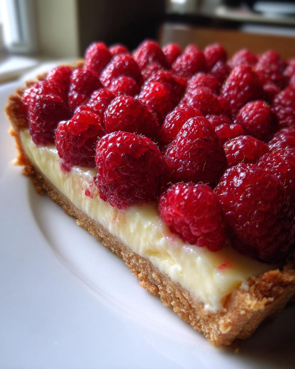 A close-up side view of a slice of Raspberry tart showing a thick layer of fresh raspberries over creamy filling and a graham cracker crust.