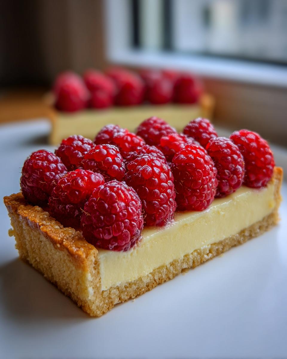 Close-up of a rectangular slice of raspberry tart showing a buttery crust, smooth cream filling, and fresh raspberries on top.