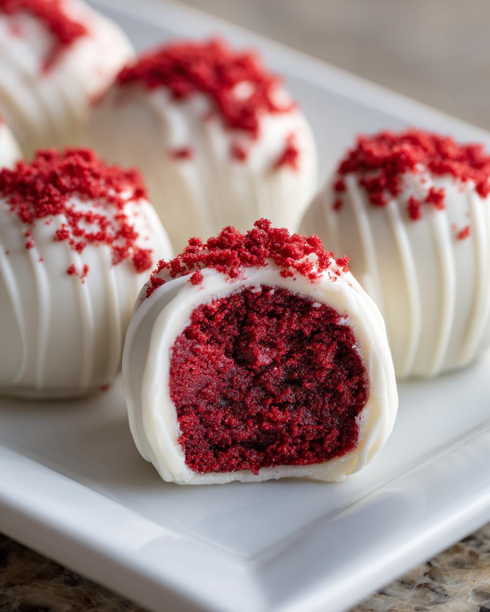 Close-up of a red velvet cake ball cut in half, revealing the moist red interior coated in white chocolate and topped with red crumbs.