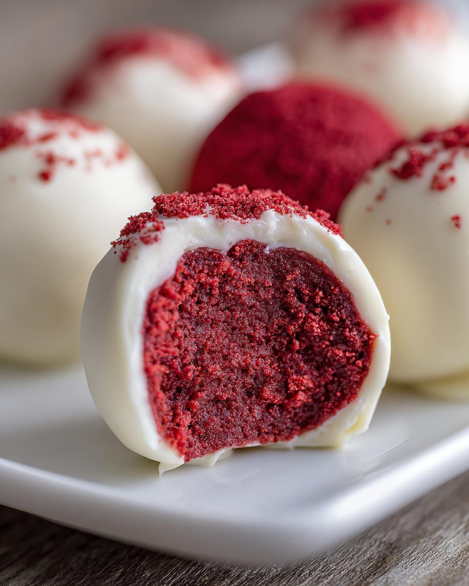 Close-up of a red velvet cake ball cut in half, showing the rich red interior coated in white chocolate and sprinkled with red crumbs.