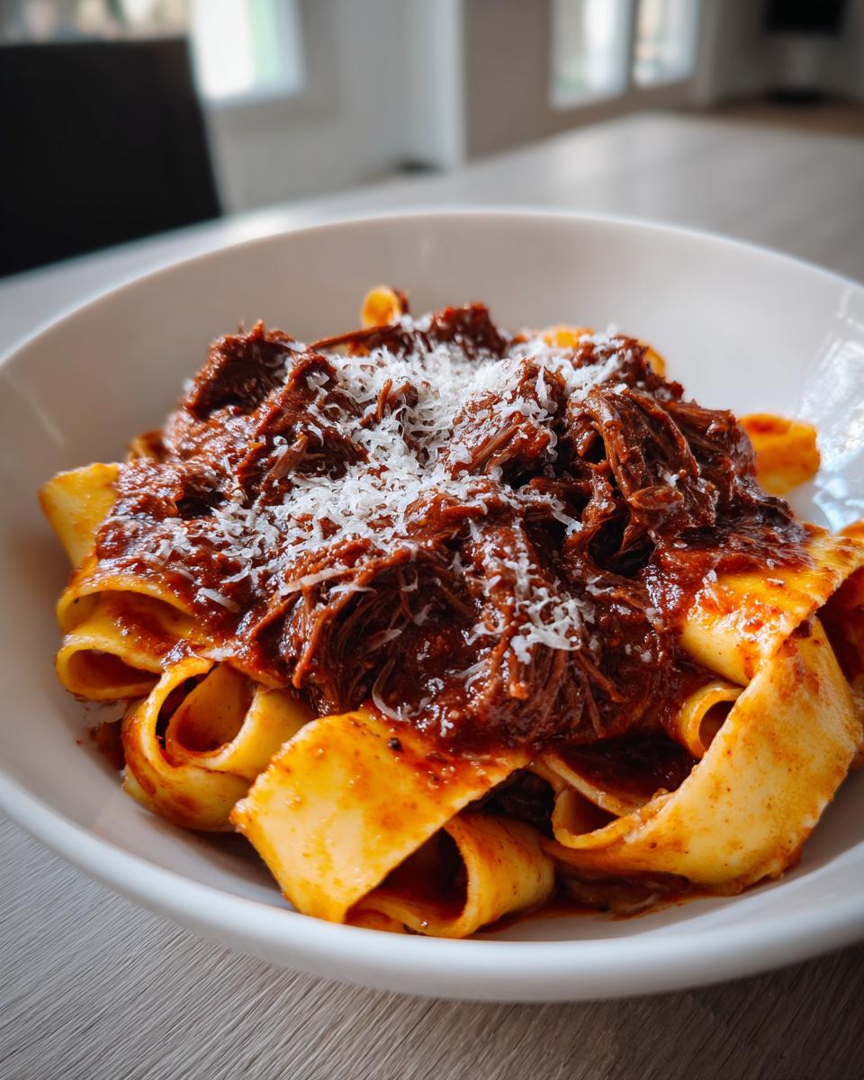 Close-up of a white bowl filled with pappardelle pasta topped generously with rich beef ragu and grated Parmesan cheese.